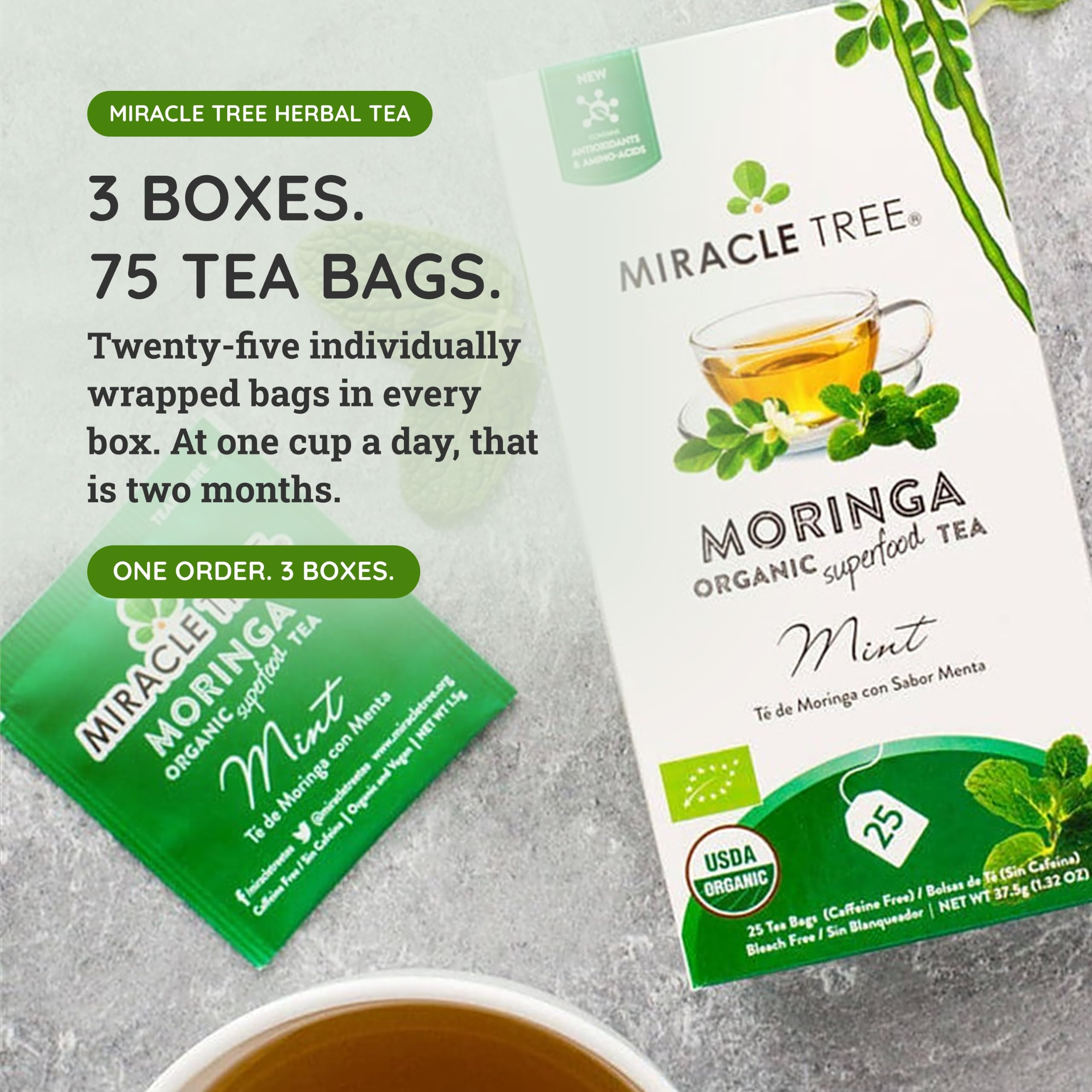Amazon.com : Miracle Tree Organic Moringa Tea, Mint, Caffeine-Free